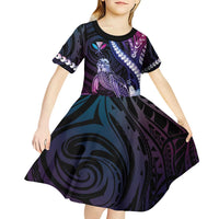 Hawaiian Monk Seal Kid Short Sleeve Dress Kakau Tribal Pattern Violet Gradient