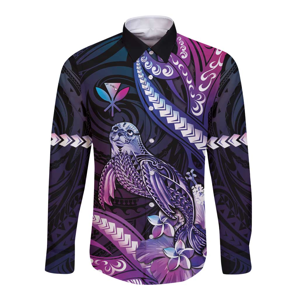 Hawaiian Monk Seal Long Sleeve Button Shirt Kakau Tribal Pattern Violet Gradient