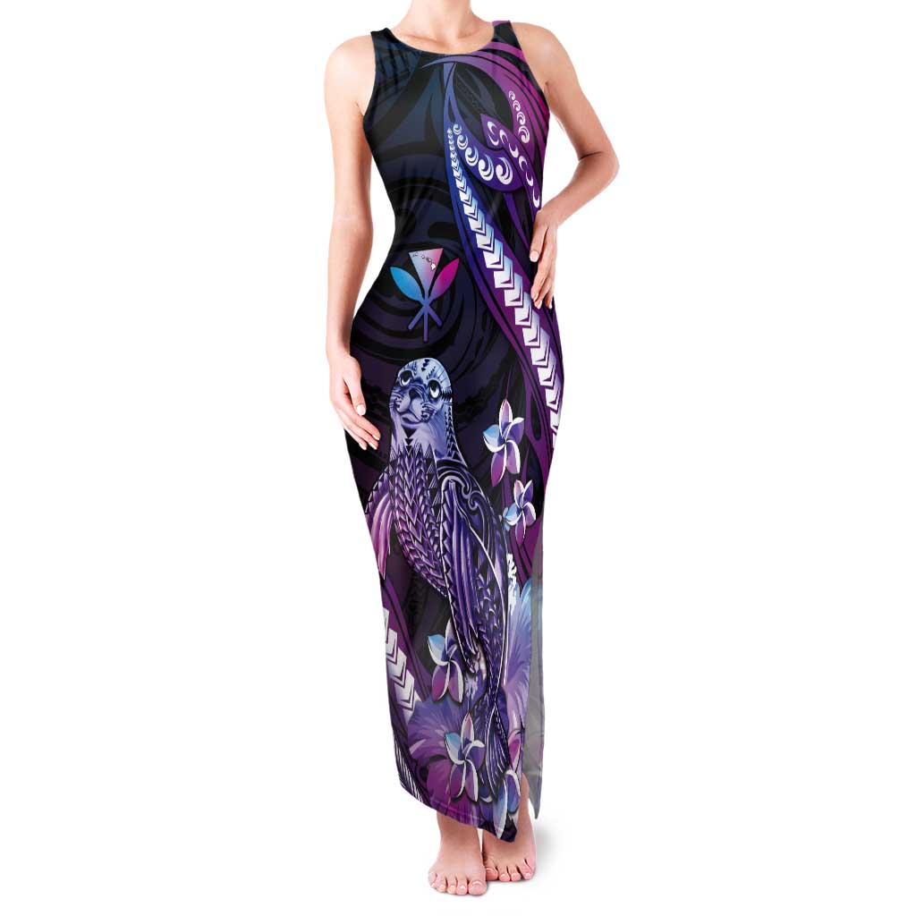 Hawaiian Monk Seal Tank Maxi Dress Kakau Tribal Pattern Violet Gradient
