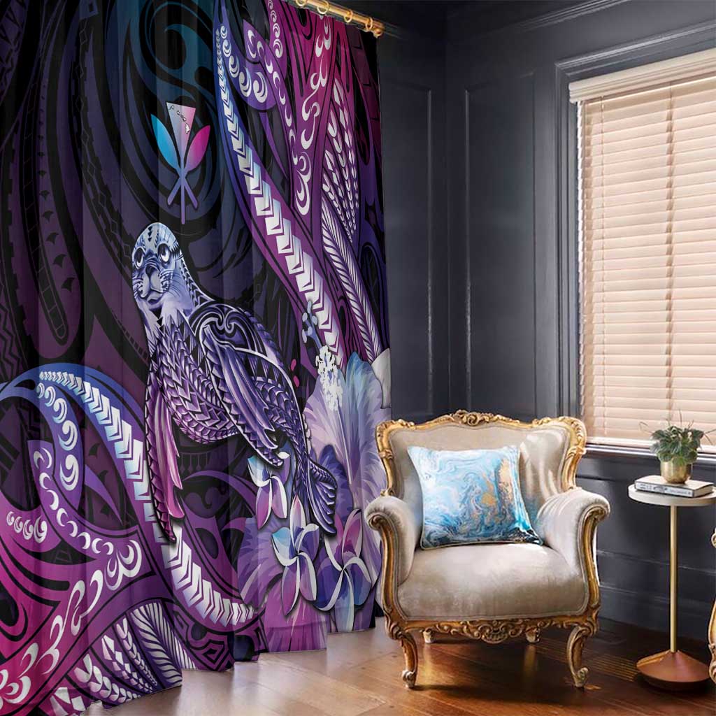 Hawaiian Monk Seal Window Curtain Kakau Tribal Pattern Violet Gradient