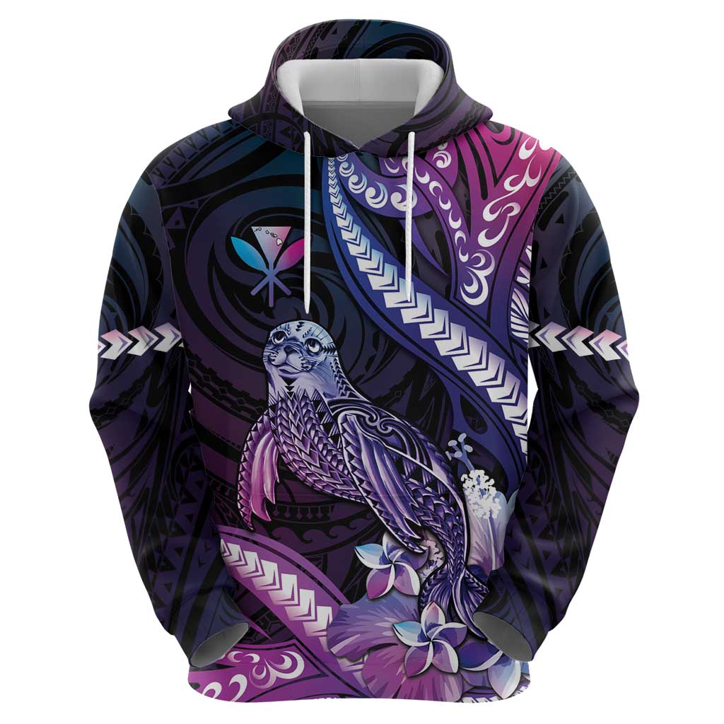 Hawaiian Monk Seal Zip Hoodie Kakau Tribal Pattern Violet Gradient