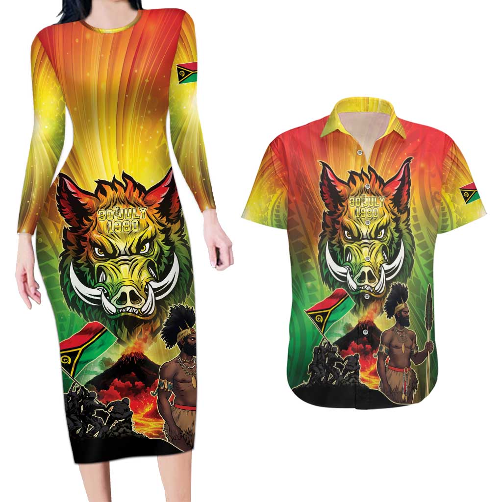 Vanuatu July 30th 1980 Couples Matching Long Sleeve Bodycon Dress and Hawaiian Shirt Happy Independence Day - Polynesian Pride