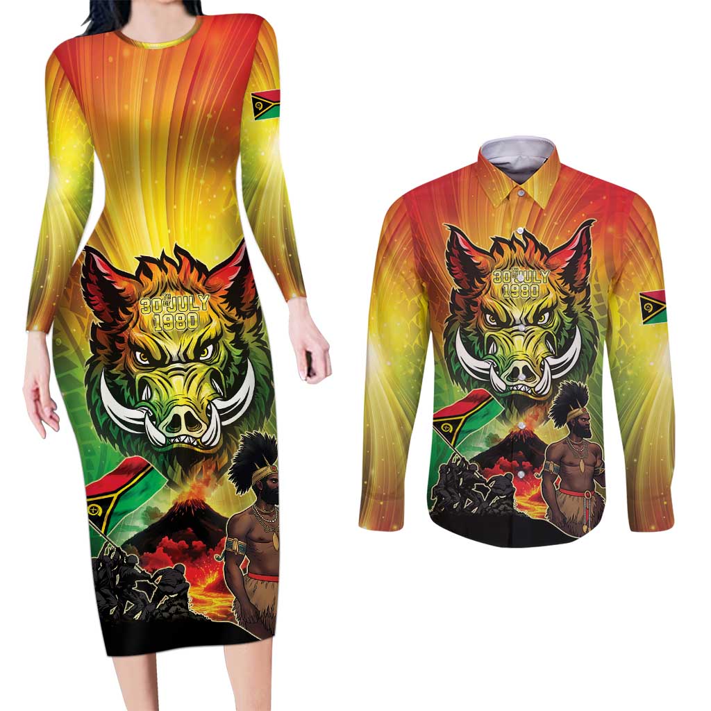 Vanuatu July 30th 1980 Couples Matching Long Sleeve Bodycon Dress and Long Sleeve Button Shirt Happy Independence Day - Polynesian Pride