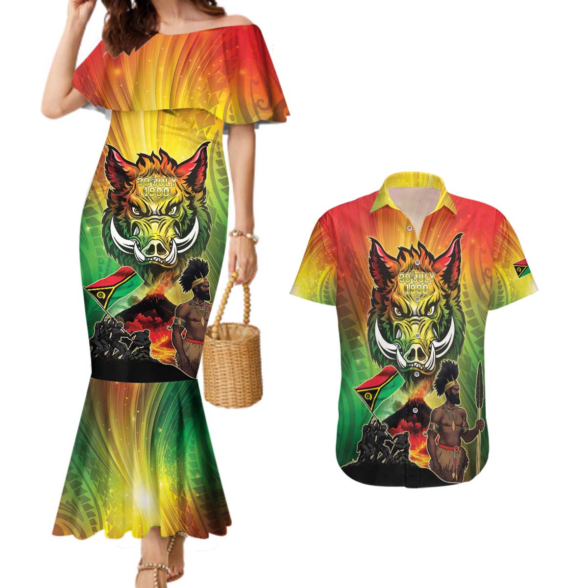 Vanuatu July 30th 1980 Couples Matching Mermaid Dress and Hawaiian Shirt Happy Independence Day - Polynesian Pride