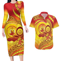 Vanuatu 45 Yia Indipendens Anivesari Couples Matching Long Sleeve Bodycon Dress and Hawaiian Shirt Tamtam Drum With Boar Tusk - Polynesian Pride