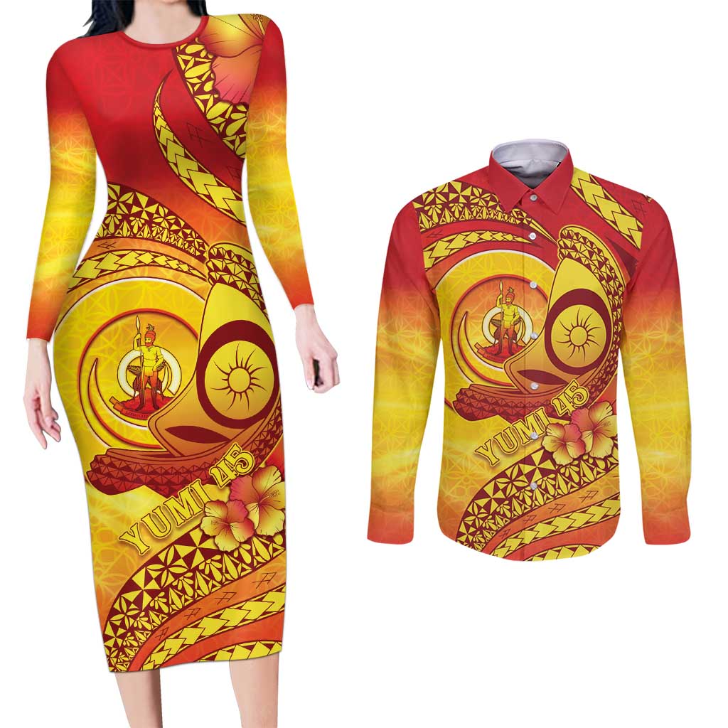 Vanuatu 45 Yia Indipendens Anivesari Couples Matching Long Sleeve Bodycon Dress and Long Sleeve Button Shirt Tamtam Drum With Boar Tusk - Polynesian Pride
