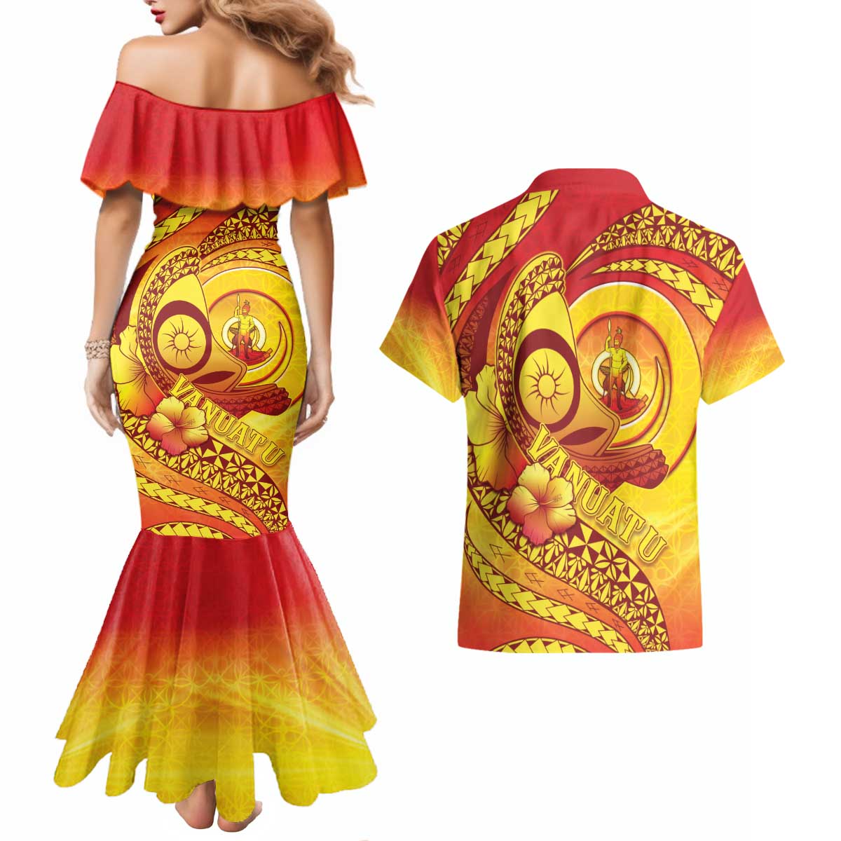 Vanuatu 45 Yia Indipendens Anivesari Couples Matching Mermaid Dress and Hawaiian Shirt Tamtam Drum With Boar Tusk - Polynesian Pride