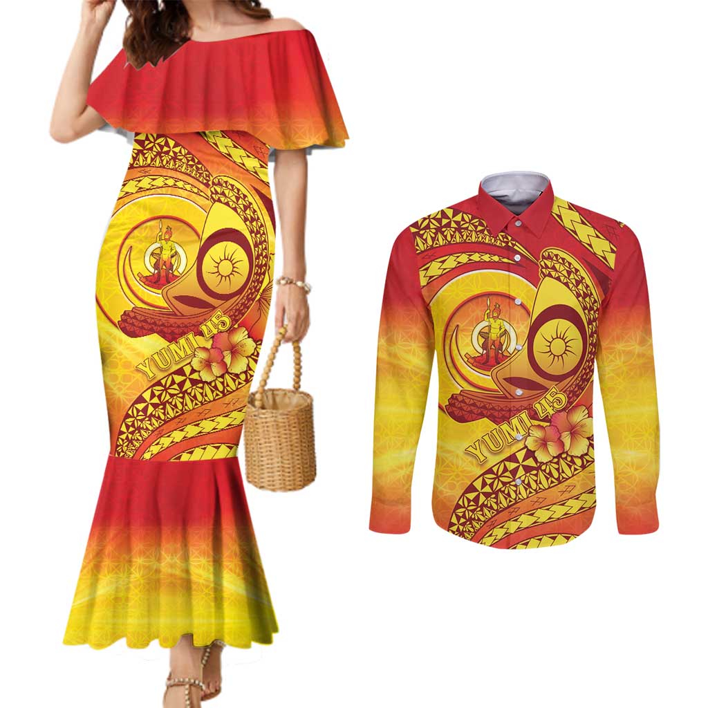Vanuatu 45 Yia Indipendens Anivesari Couples Matching Mermaid Dress and Long Sleeve Button Shirt Tamtam Drum With Boar Tusk - Polynesian Pride