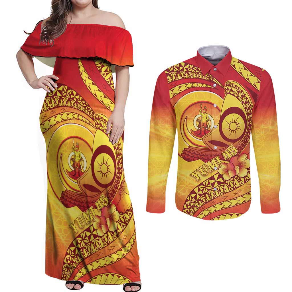 Vanuatu 45 Yia Indipendens Anivesari Couples Matching Off Shoulder Maxi Dress and Long Sleeve Button Shirt Tamtam Drum With Boar Tusk - Polynesian Pride