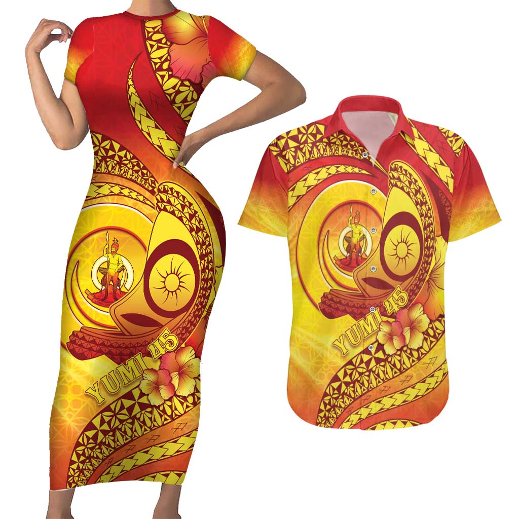 Vanuatu 45 Yia Indipendens Anivesari Couples Matching Short Sleeve Bodycon Dress and Hawaiian Shirt Tamtam Drum With Boar Tusk - Polynesian Pride