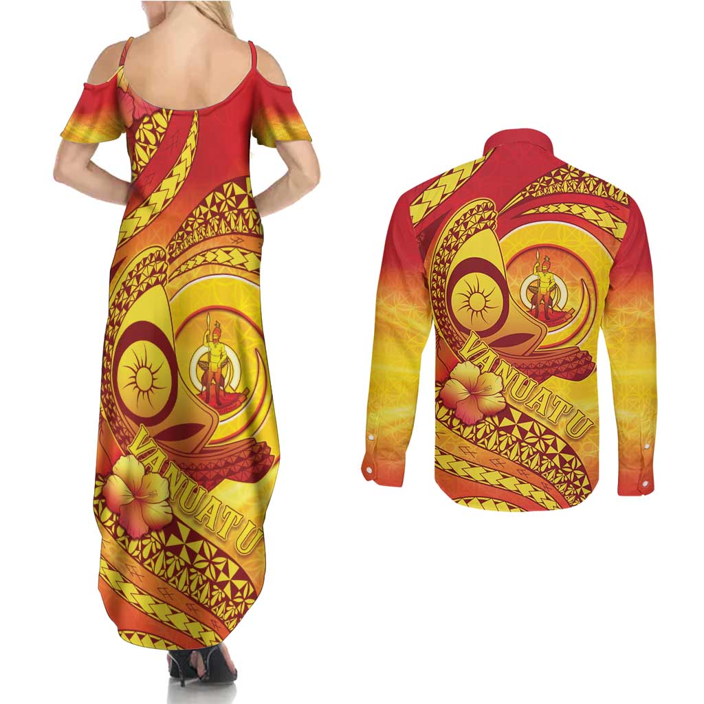 Vanuatu 45 Yia Indipendens Anivesari Couples Matching Summer Maxi Dress and Long Sleeve Button Shirt Tamtam Drum With Boar Tusk - Polynesian Pride
