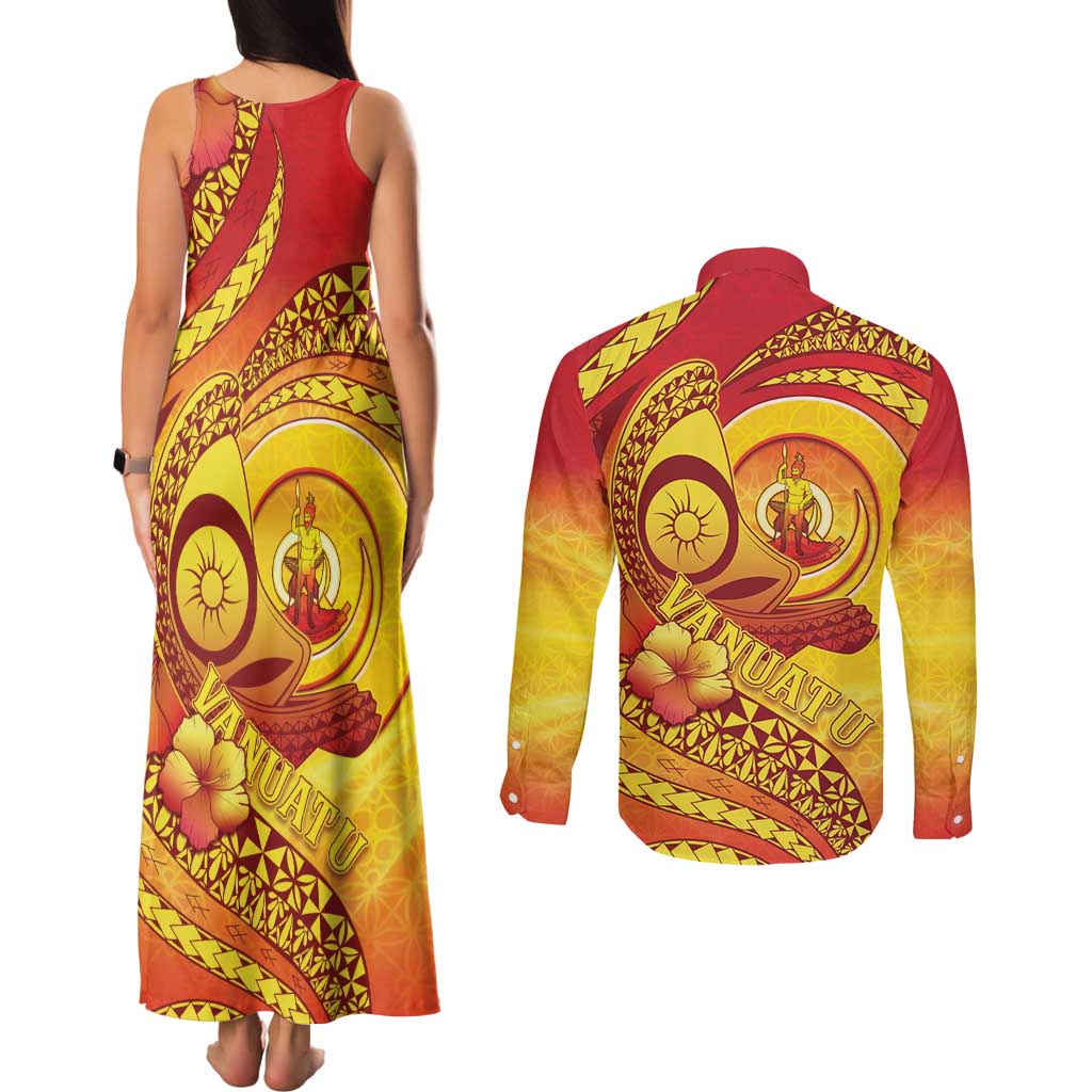 Vanuatu 45 Yia Indipendens Anivesari Couples Matching Tank Maxi Dress and Long Sleeve Button Shirt Tamtam Drum With Boar Tusk - Polynesian Pride