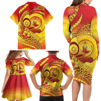 Vanuatu 45 Yia Indipendens Anivesari Family Matching Long Sleeve Bodycon Dress and Hawaiian Shirt Tamtam Drum With Boar Tusk - Polynesian Pride