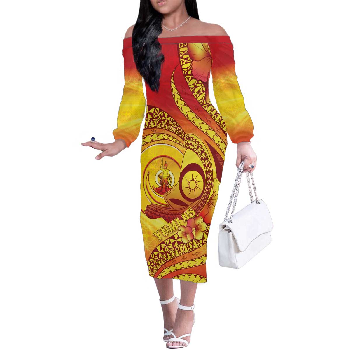 Vanuatu 45 Yia Indipendens Anivesari Family Matching Off The Shoulder Long Sleeve Dress and Hawaiian Shirt Tamtam Drum With Boar Tusk - Polynesian Pride