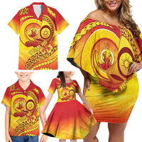 Vanuatu 45 Yia Indipendens Anivesari Family Matching Off Shoulder Short Dress and Hawaiian Shirt Tamtam Drum With Boar Tusk - Polynesian Pride