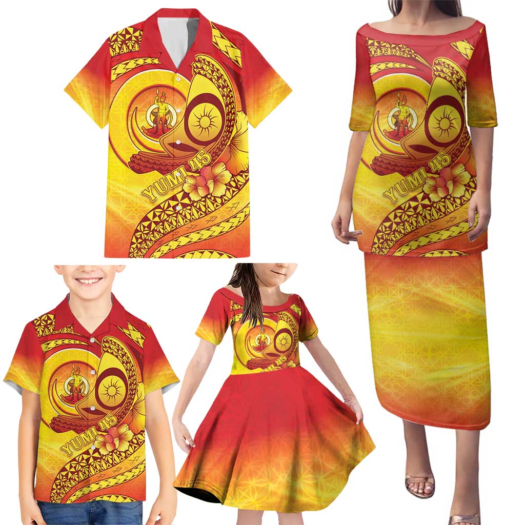 Vanuatu 45 Yia Indipendens Anivesari Family Matching Puletasi and Hawaiian Shirt Tamtam Drum With Boar Tusk - Polynesian Pride