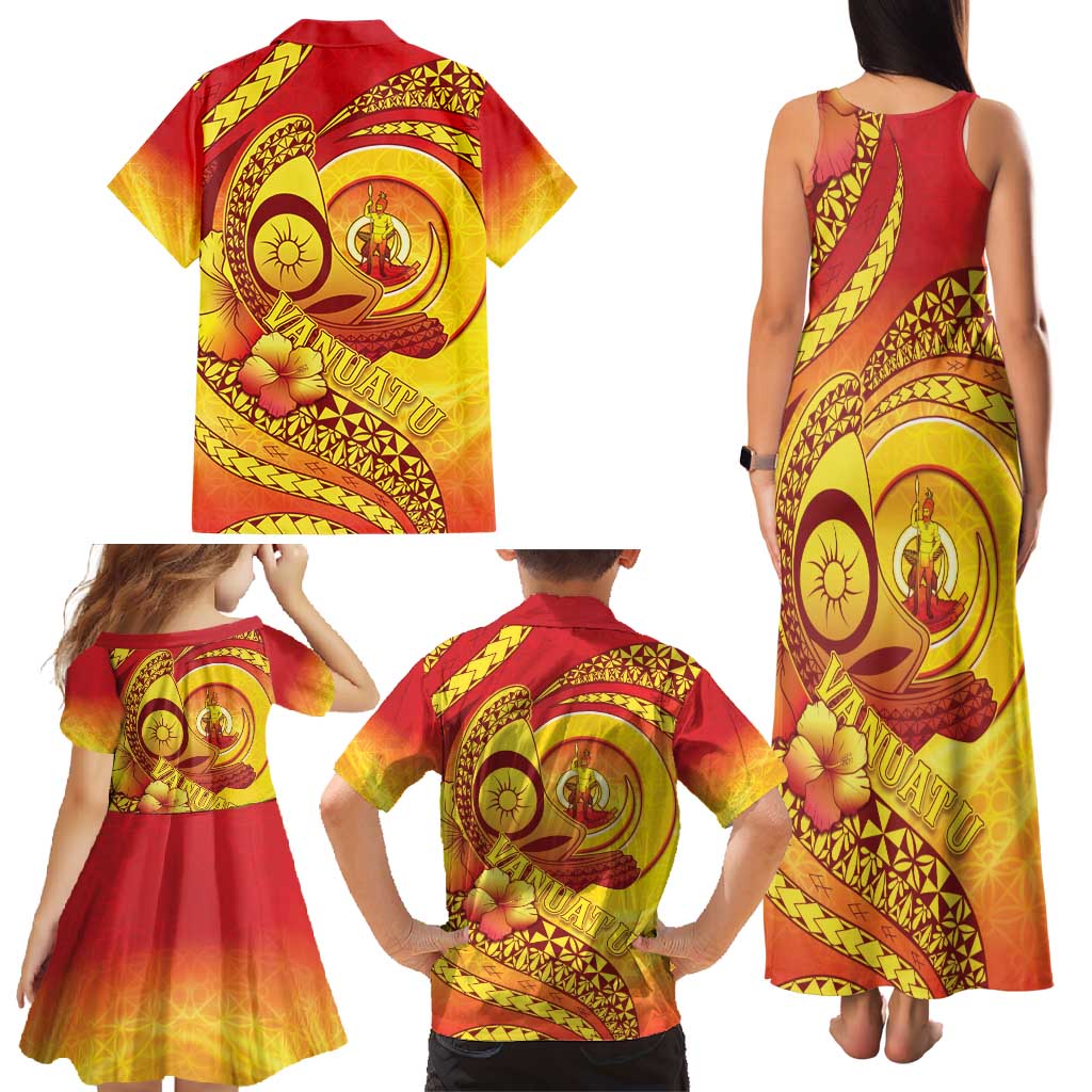 Vanuatu 45 Yia Indipendens Anivesari Family Matching Tank Maxi Dress and Hawaiian Shirt Tamtam Drum With Boar Tusk - Polynesian Pride