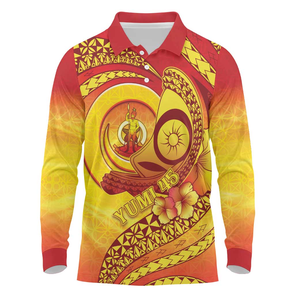 Vanuatu 45 Yia Indipendens Anivesari Long Sleeve Polo Shirt Tamtam Drum With Boar Tusk LT05 Yellow - Polynesian Pride