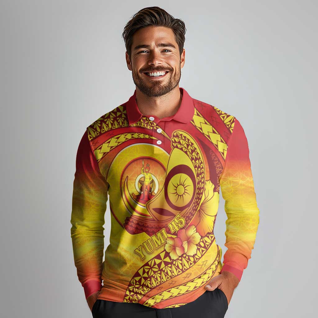 Vanuatu 45 Yia Indipendens Anivesari Long Sleeve Polo Shirt Tamtam Drum With Boar Tusk LT05 - Polynesian Pride