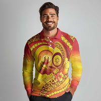 Vanuatu 45 Yia Indipendens Anivesari Long Sleeve Polo Shirt Tamtam Drum With Boar Tusk LT05 - Polynesian Pride