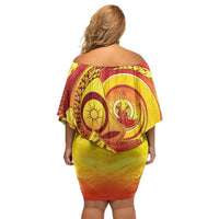 Vanuatu 45 Yia Indipendens Anivesari Off Shoulder Short Dress Tamtam Drum With Boar Tusk - Polynesian Pride