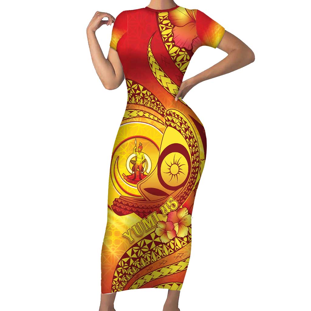 Vanuatu 45 Yia Indipendens Anivesari Short Sleeve Bodycon Dress Tamtam Drum With Boar Tusk - Polynesian Pride