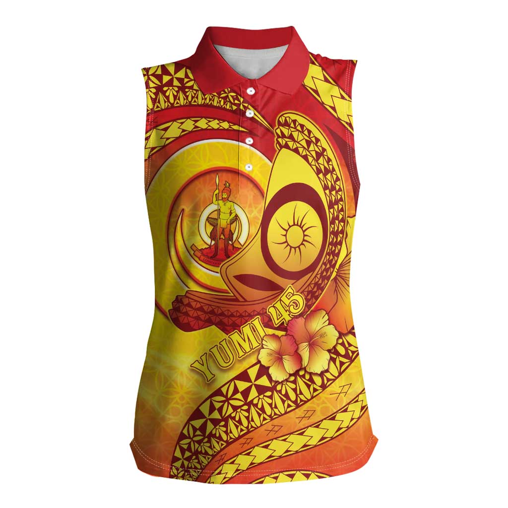 Vanuatu 45 Yia Indipendens Anivesari Women Sleeveless Polo Shirt Tamtam Drum With Boar Tusk - Polynesian Pride