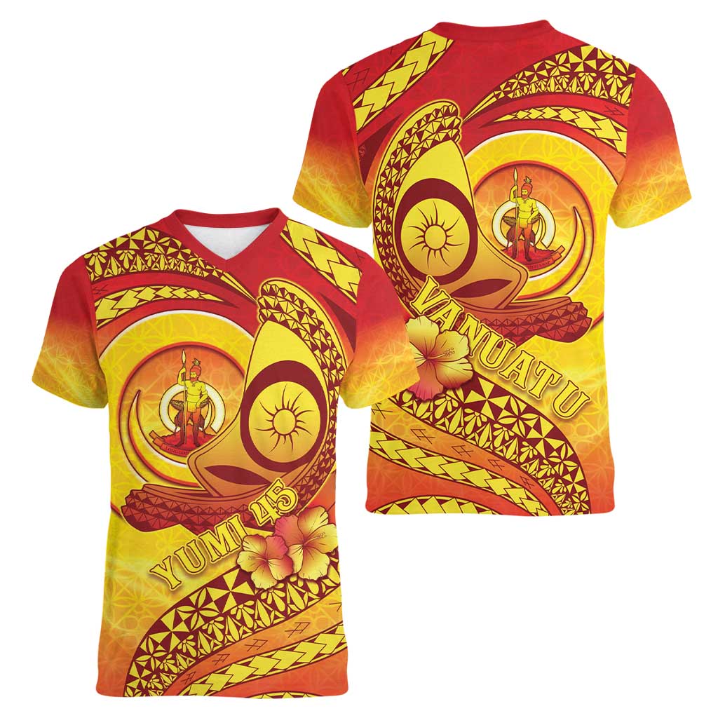 Vanuatu 45 Yia Indipendens Anivesari Women V-Neck T-Shirt Tamtam Drum With Boar Tusk - Polynesian Pride