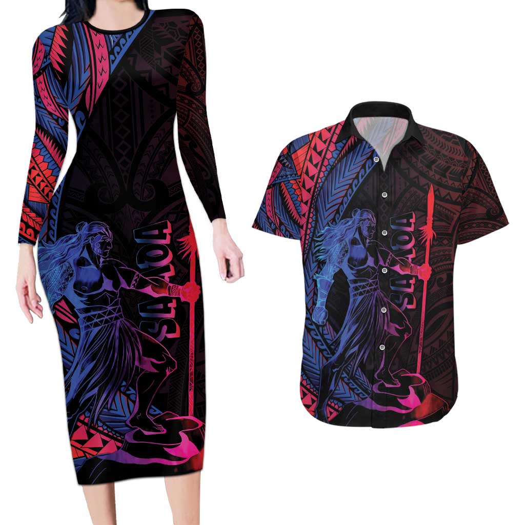 Samoan Pride Couples Matching Long Sleeve Bodycon Dress and Hawaiian Shirt The Tui Manua - Polynesian Pride