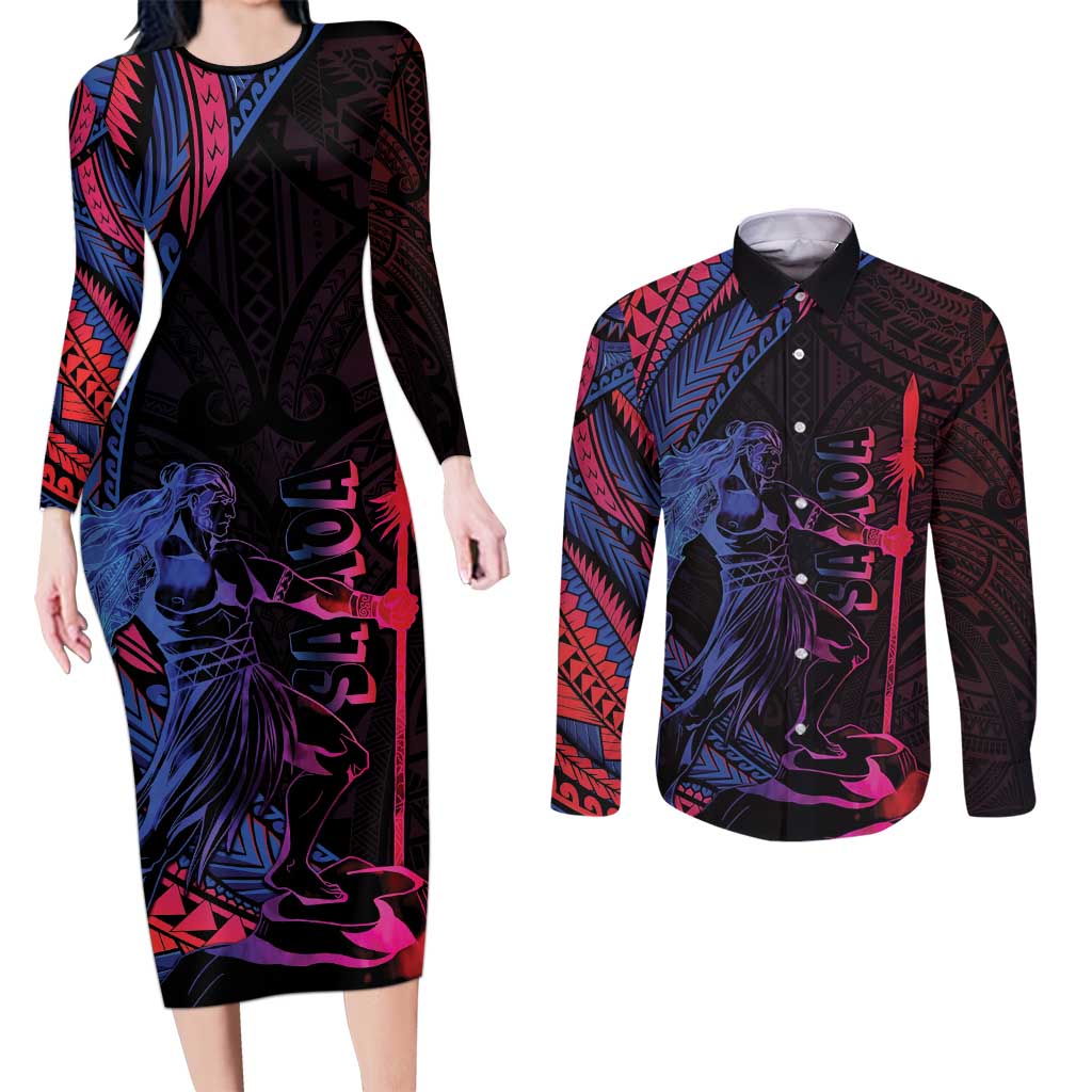 Samoan Pride Couples Matching Long Sleeve Bodycon Dress and Long Sleeve Button Shirt The Tui Manua - Polynesian Pride