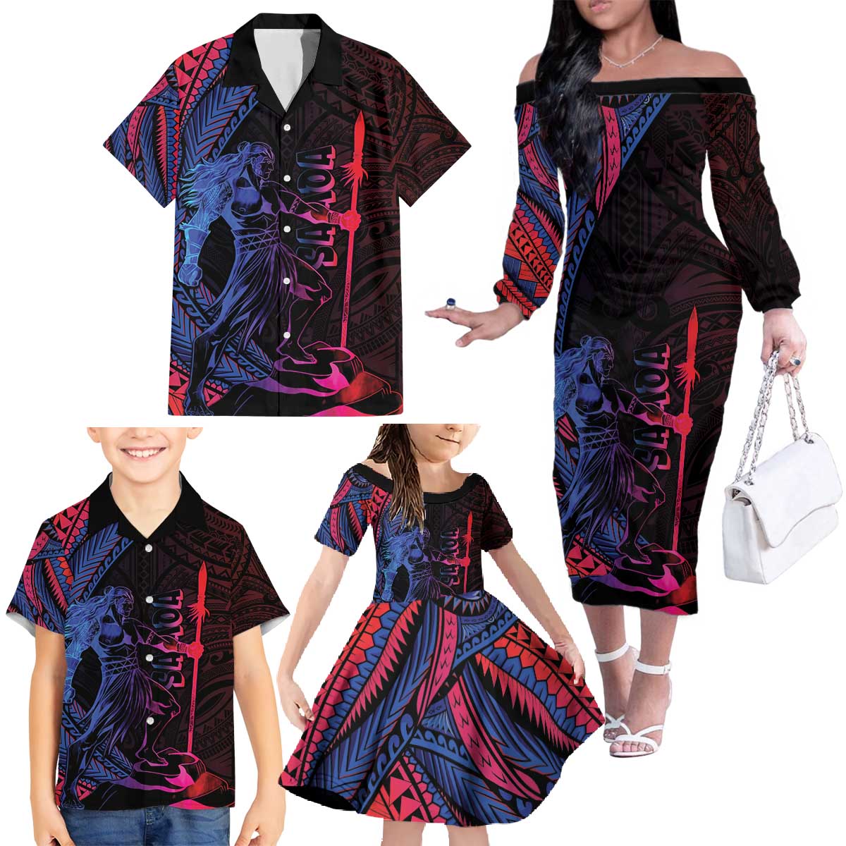 Samoan Pride Family Matching Off The Shoulder Long Sleeve Dress and Hawaiian Shirt The Tui Manua - Polynesian Pride