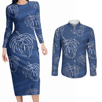 Aloha Hawaii Acacia Koa Leaves Couples Matching Long Sleeve Bodycon Dress and Long Sleeve Button Shirt Navy Kakau Tribal Pattern LT05 Navy - Polynesian Pride