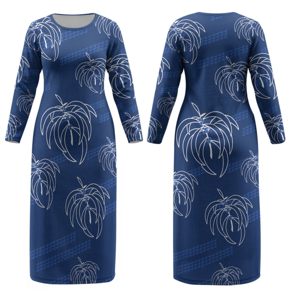 Aloha Hawaii Acacia Koa Leaves Couples Matching Long Sleeve Bodycon Dress and Long Sleeve Button Shirt Navy Kakau Tribal Pattern LT05 - Polynesian Pride