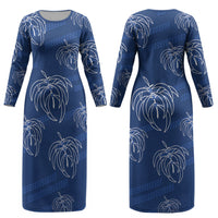 Aloha Hawaii Acacia Koa Leaves Couples Matching Long Sleeve Bodycon Dress and Long Sleeve Button Shirt Navy Kakau Tribal Pattern LT05 - Polynesian Pride