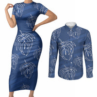 Aloha Hawaii Acacia Koa Leaves Couples Matching Short Sleeve Bodycon Dress and Long Sleeve Button Shirt Navy Kakau Tribal Pattern LT05 Navy - Polynesian Pride