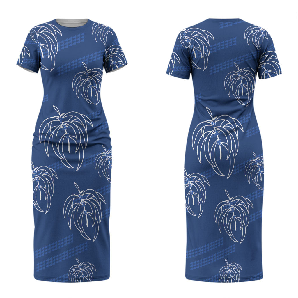 Aloha Hawaii Acacia Koa Leaves Couples Matching Short Sleeve Bodycon Dress and Long Sleeve Button Shirt Navy Kakau Tribal Pattern LT05 - Polynesian Pride