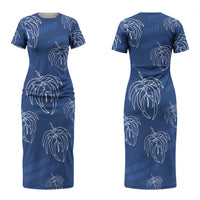 Aloha Hawaii Acacia Koa Leaves Couples Matching Short Sleeve Bodycon Dress and Long Sleeve Button Shirt Navy Kakau Tribal Pattern LT05 - Polynesian Pride
