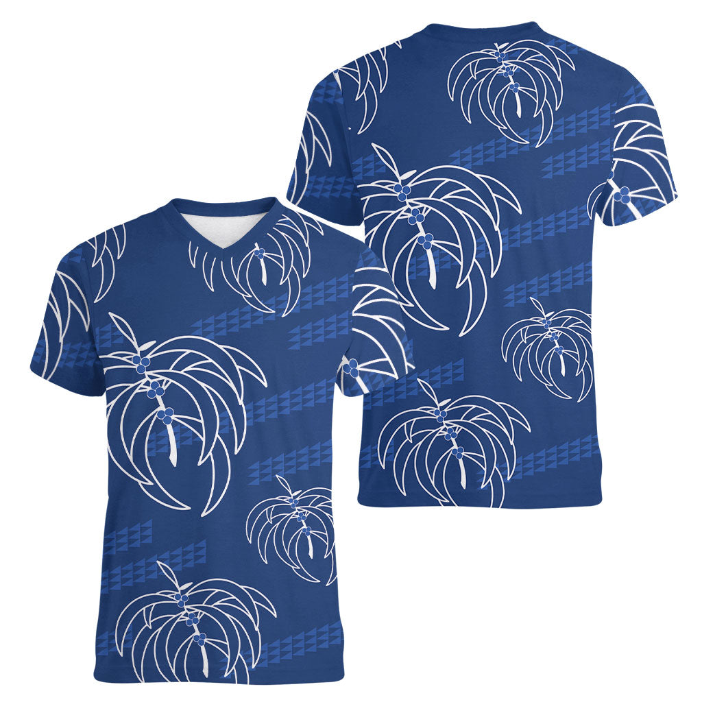 Aloha Hawaii Acacia Koa Leaves Women V-Neck T-Shirt Navy Kakau Tribal Pattern LT05 - Polynesian Pride