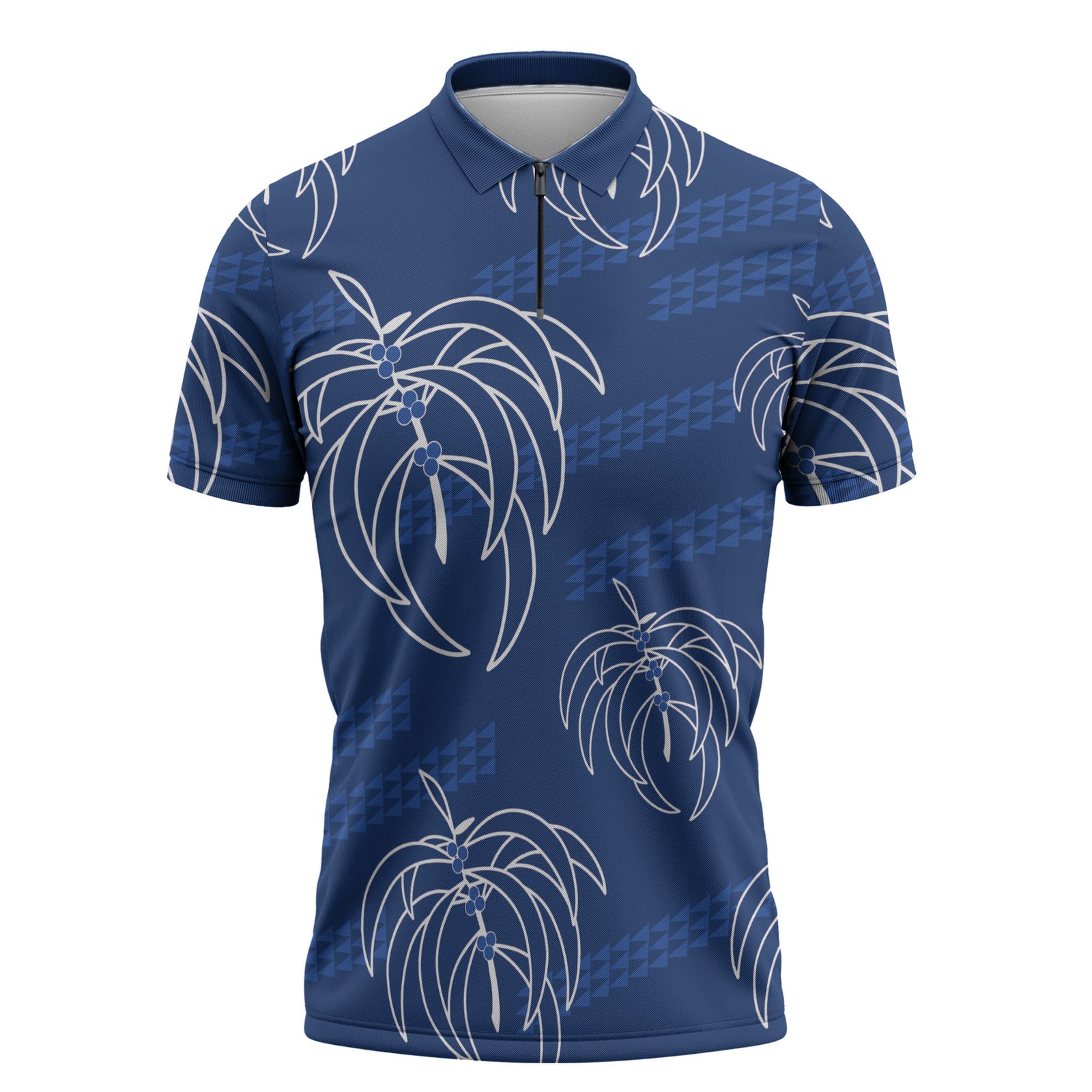 Aloha Hawaii Acacia Koa Leaves Zipper Polo Shirt Navy Kakau Tribal Pattern LT05 Navy - Polynesian Pride