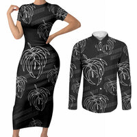 Aloha Hawaii Acacia Koa Leaves Couples Matching Short Sleeve Bodycon Dress and Long Sleeve Button Shirt Black Kakau Tribal Pattern LT05 Black - Polynesian Pride