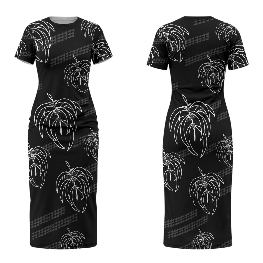 Aloha Hawaii Acacia Koa Leaves Couples Matching Short Sleeve Bodycon Dress and Long Sleeve Button Shirt Black Kakau Tribal Pattern LT05 - Polynesian Pride