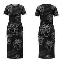 Aloha Hawaii Acacia Koa Leaves Couples Matching Short Sleeve Bodycon Dress and Long Sleeve Button Shirt Black Kakau Tribal Pattern LT05 - Polynesian Pride