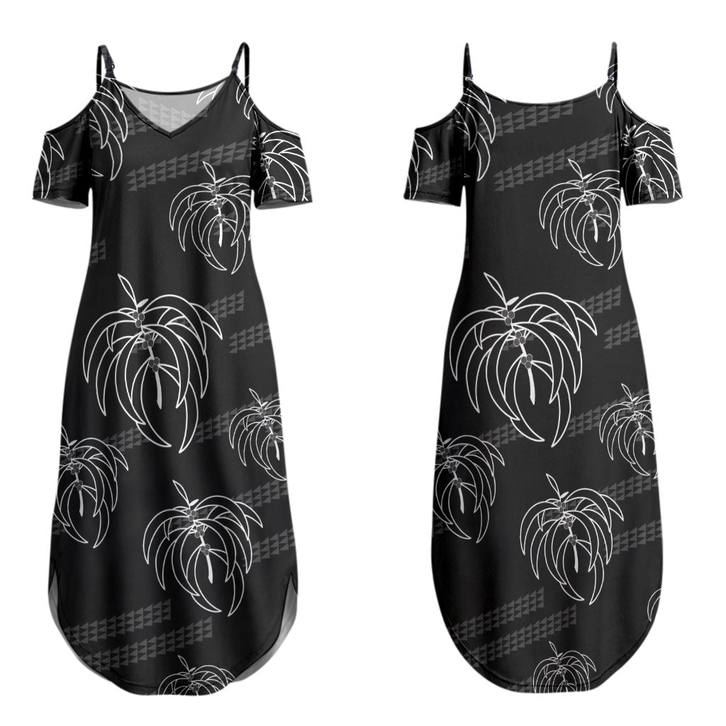 Aloha Hawaii Acacia Koa Leaves Couples Matching Summer Maxi Dress and Long Sleeve Button Shirt Black Kakau Tribal Pattern LT05 - Polynesian Pride