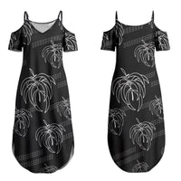 Aloha Hawaii Acacia Koa Leaves Couples Matching Summer Maxi Dress and Long Sleeve Button Shirt Black Kakau Tribal Pattern LT05 - Polynesian Pride