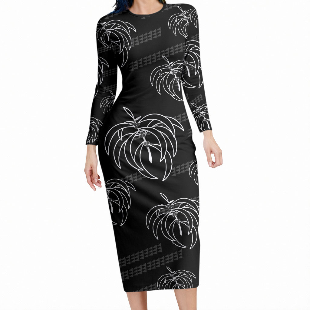 Aloha Hawaii Acacia Koa Leaves Long Sleeve Bodycon Dress Black Kakau Tribal Pattern LT05 Long Dress Black - Polynesian Pride