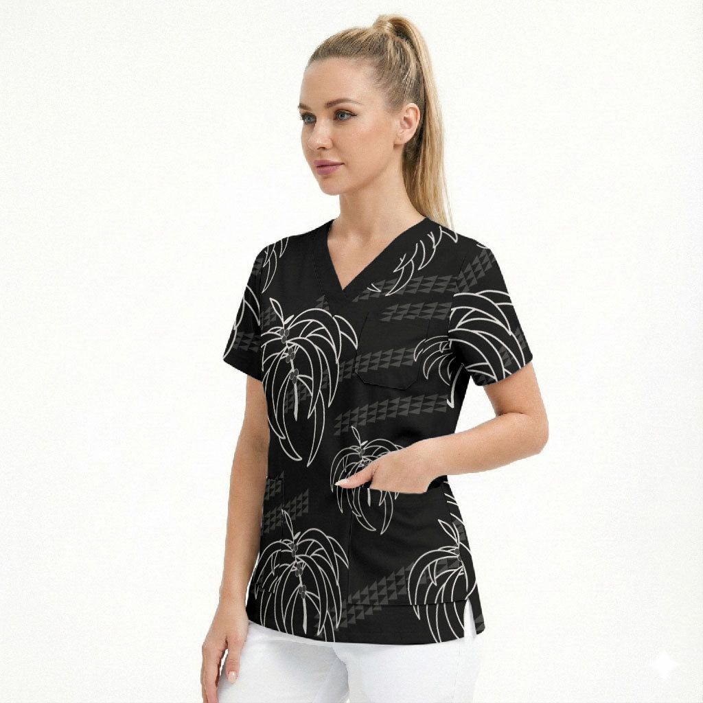 Aloha Hawaii Acacia Koa Leaves Scrub Top Black Kakau Tribal Pattern LT05 - Polynesian Pride