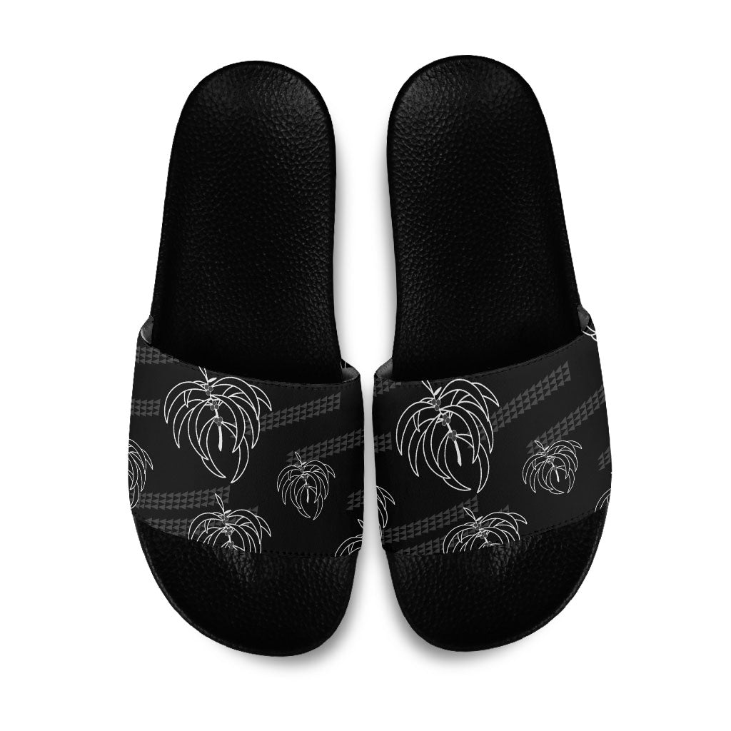 Aloha Hawaii Acacia Koa Leaves Slide Sandals Black Kakau Tribal Pattern LT05 Black - Polynesian Pride