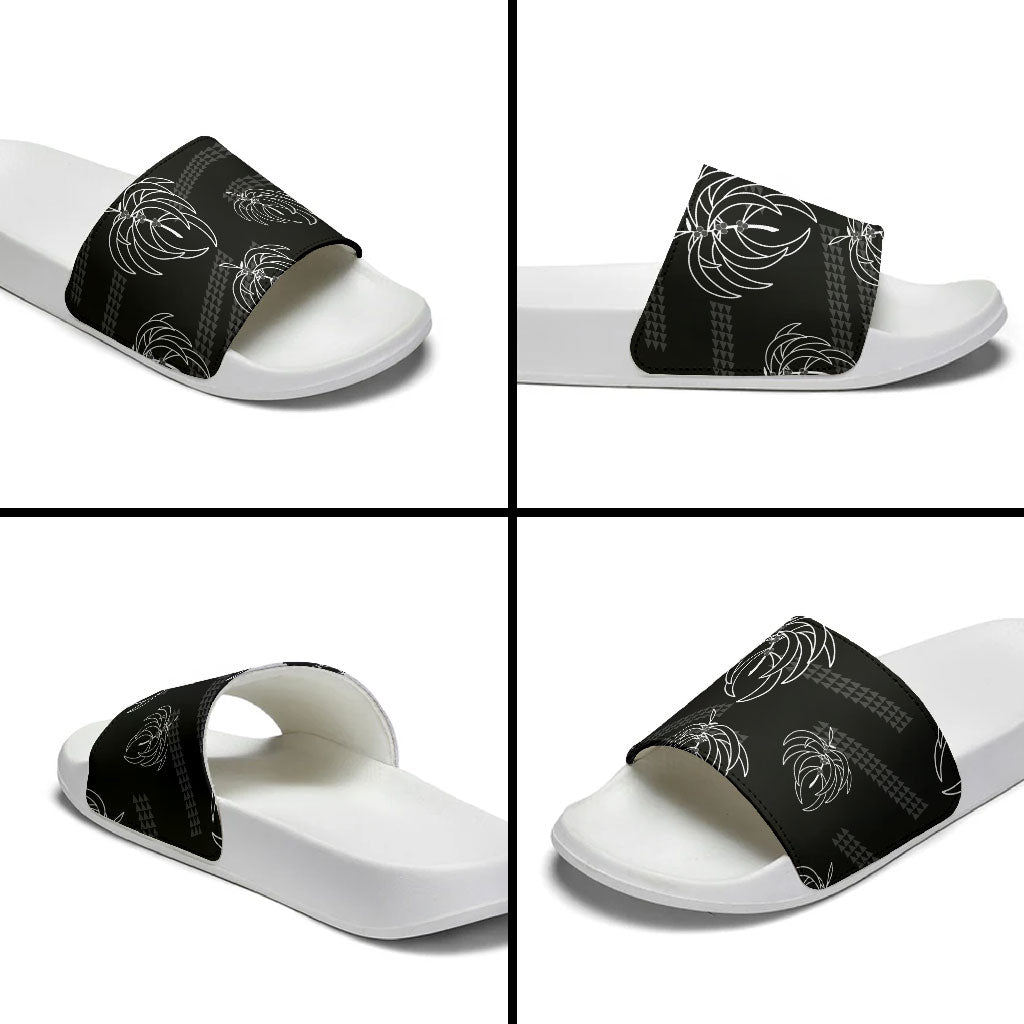 Aloha Hawaii Acacia Koa Leaves Slide Sandals Black Kakau Tribal Pattern LT05 - Polynesian Pride