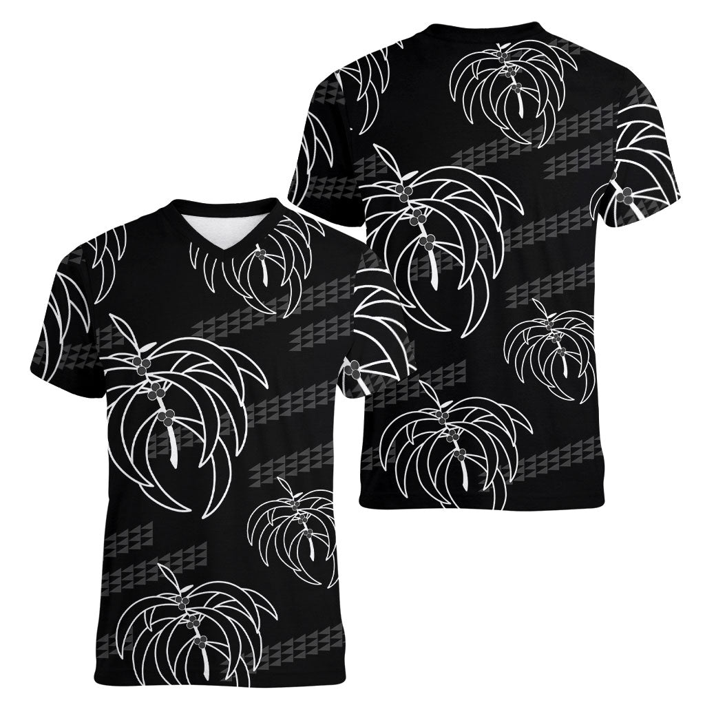 Aloha Hawaii Acacia Koa Leaves Women V-Neck T-Shirt Black Kakau Tribal Pattern LT05 - Polynesian Pride