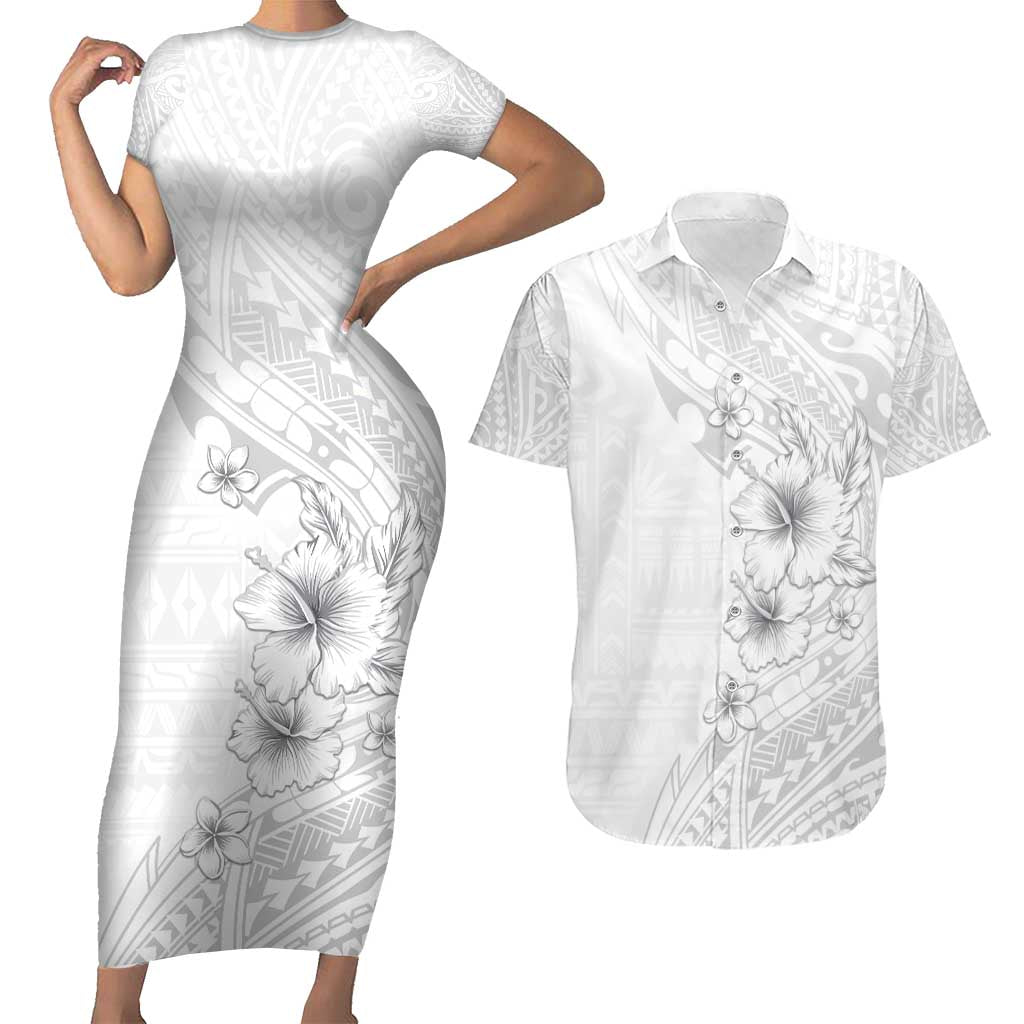 Lotu Tamaiti Samoa Couples Matching Short Sleeve Bodycon Dress and Hawaiian Shirt White Sunday Polynesian Tribal Pattern Elegant Style